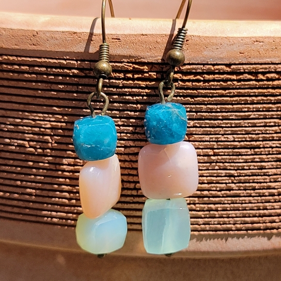Apatite, Rose Quartz, Aqua Chalcedony Bronze Tone Dangle Earrings - Picture 3 of 7